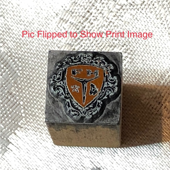 Antique Wooden Print Block Copper F H Star Horse Shield - Picture 1 of 4